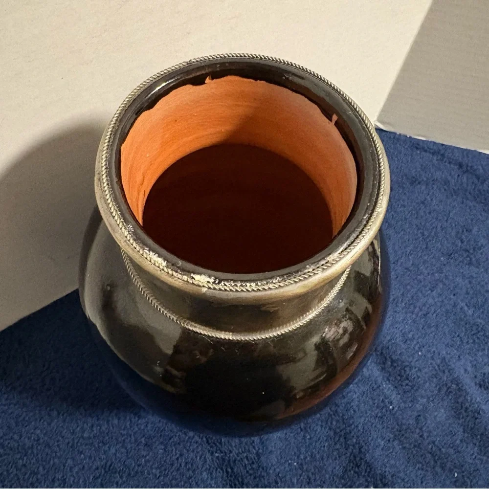 MCM Moroccan Clay Terra Cotta Black & Silver Metal Band Vase Urn 9 1/2